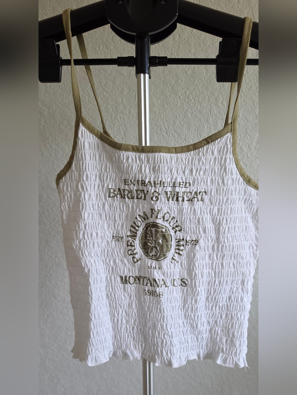 Cotton On Size Small White Smocked Camisole with Olive Green Trim and Graphic